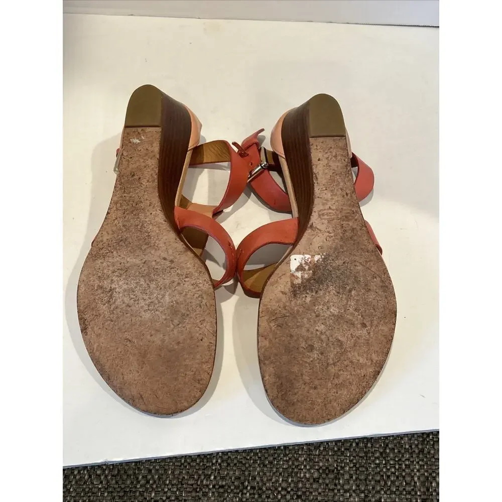 READ Coach Velevet Leather Thong Strappy Wedge Sandals Size 7 Orange/coral